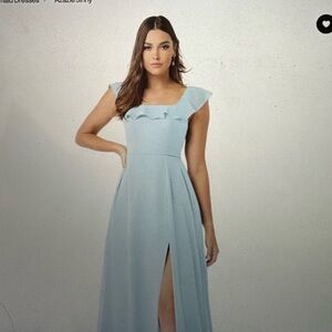 Azazie Light Blue Ruffle Cap-Sleeve Maxi Dress
